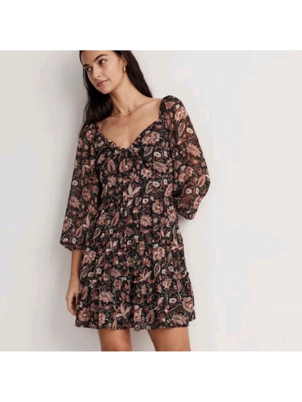 Madewell Amalia Tiered Mini Dress Pampas Blooms Metallic Floral Black NWT 0